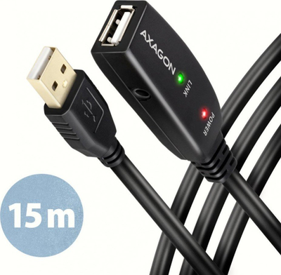 Активен продолжувачки USB кабел Axagon ADR-215, USB A во USB A, 15 m, црн