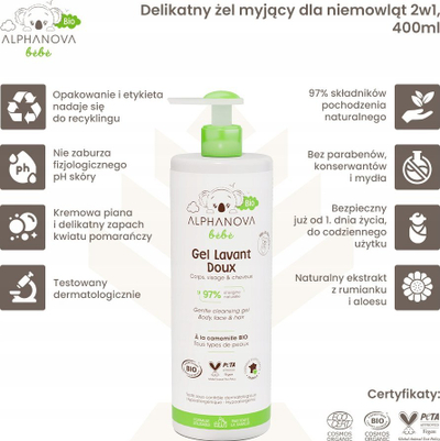 Лосион за миење за бебиња Alphanova Baby Dermocleanser, коса и тело, органски, 500ml