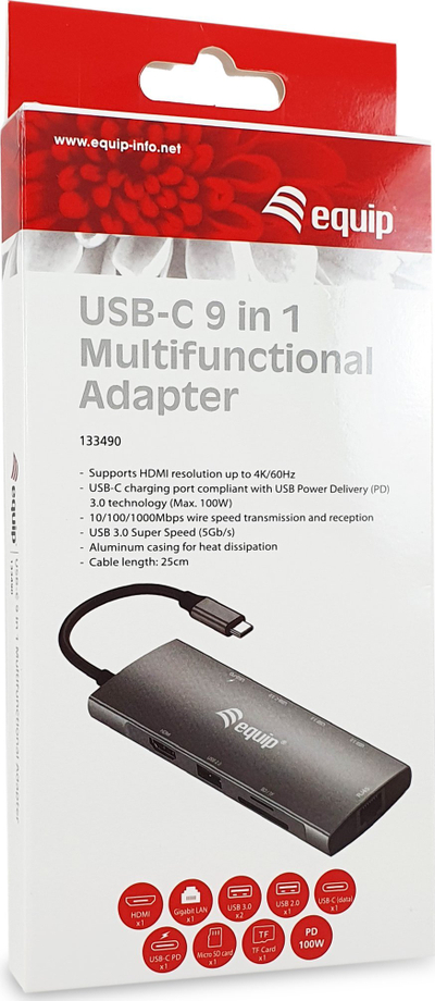 Адаптер USB-C Equip 133490, 9 во 1, HDMI 4K 60Hz, гигабит LAN, сива