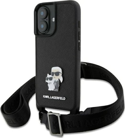 Mbulesë telefoni Karl Lagerfeld Saffiano Karl & Choupette Crossbody, për iPhone 16 6.1", e zezë