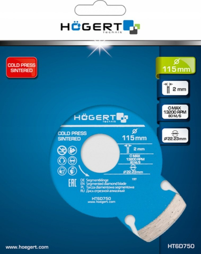 Disk diamant Högert Technik HT6D750, 115mm, vrimë 22.2mm, blu