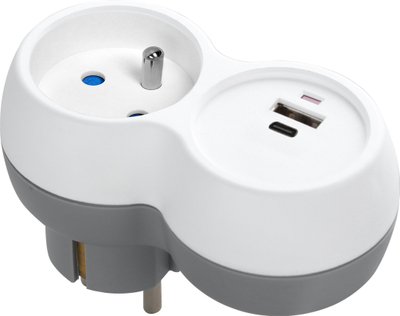 Shpërndarës prizash 2P+E me karikues USB A dhe USB C, 230V 16A, 15W, bardh e gri