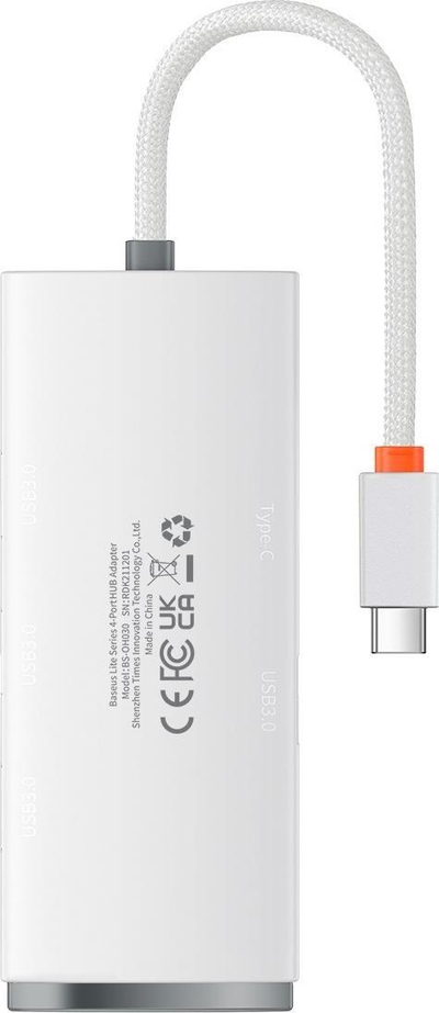 HUB USB Type-C Baseus WKQX030301, 4x USB 3.0, kabllo 25 cm, i bardhë