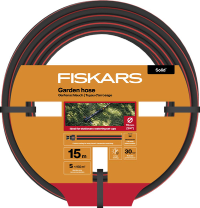 Zorrë kopshti Fiskars Solid, 19 mm 3/4", 15 m, e zezë
