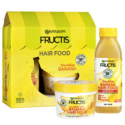 Set për flokë të thatë Garnier Banana Hair Food, Shampo për flokë 350 ml + Maskë ushqyese 390 ml