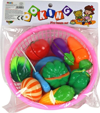 Lodër kuzhine Leantoys Vegetables with Velcro in Basket, set perimesh plastike, me aksesore, shume ngjyrash