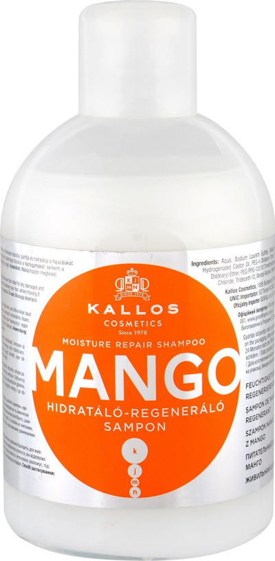 Shampo flokësh Kallos Mango Moisture Repair, për flokë të thatë dhe të dëmtuar, 1000ml, e bardhë