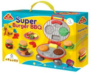 Set lodër për burger Super Burger, 6 kavanoza me masë modeluese, makinë grill, shumëngjyrësh