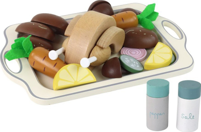 Set lodër druri LEAN Toys Wooden Dinner Set, 15 copa, me pulë dhe perime, shumëngjyrësh