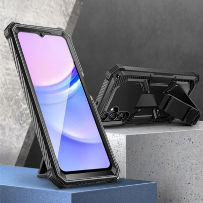Kapak telefoni i-Blason Armorbox për Samsung Galaxy A15 2024, me xham mbrojtës, me këmbë mbajtëse, i zi