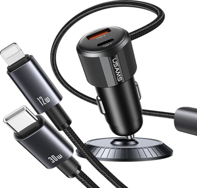 Полнач за автомобил Usams CC287 YT Series, 66W Dual Port USB A+C, со кабел 2 во 1 C+Lightning, црн