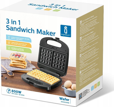 Апарат 3‑во‑1 Aigostar Wafer, 800W, заменливи нелепливи плочи, црн