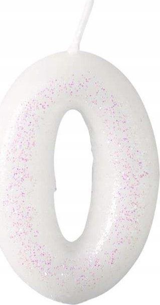 Свеќа за торта Amscan Glittered Number 0, 6.5 cm, бела со сјај