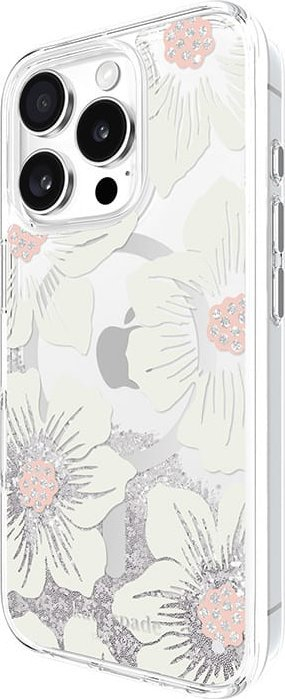 Kapak telefoni Kate Spade New York Liquid Glitter MagSafe për iPhone 16 Pro, model Hollyhock, transparent me lule
