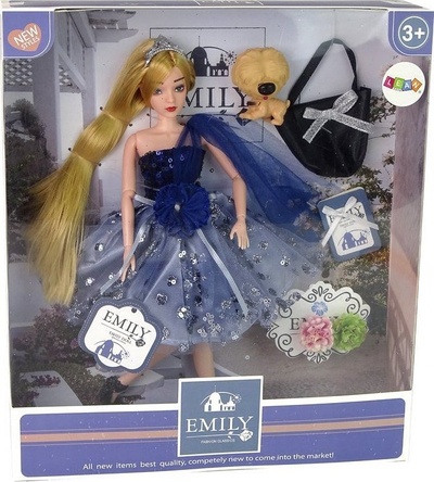 Kukull LeanToys Emily me qenush edhe çantë, 30 cm, për kalamaj 3+, me ngjyrë blu të errët
