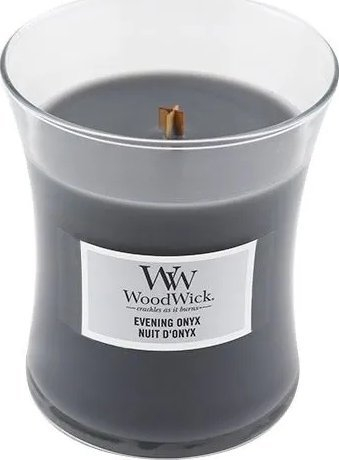 Qiri WoodWick Evening Onyx Medium Hourglass, aromë jargavan dhe sandali, i zi