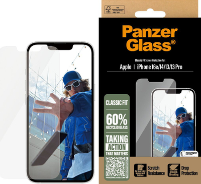 Mbrojtës ekrani PanzerGlass për iPhone 16e 14 13 13 Pro Classic Fit, xham i temperu, EasyAligner, transparent