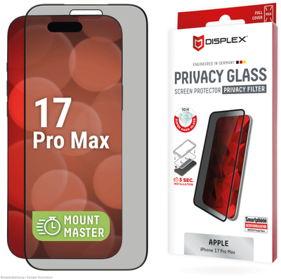 Xham mbrojtës Displex Privacy Glass për iPhone 17 Pro Max, filtër privatësie, Mount Master, i tejdukshëm