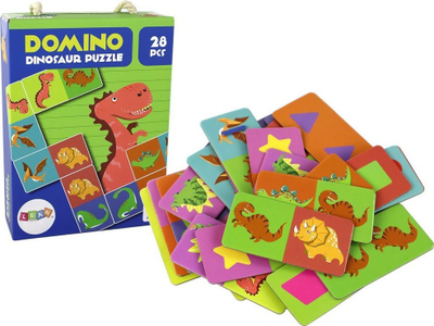 Loja domino me dinozaurë Double-sided Puzzle Dinosaurs, 28 copa, 10 x 5 cm, shumëngjyrëshe