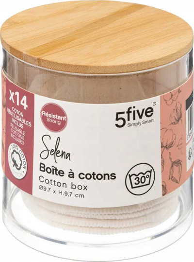 Kontenier për pambukë kozmetik 5five Selena, plastik i tejdukshëm, me kapak bambuje