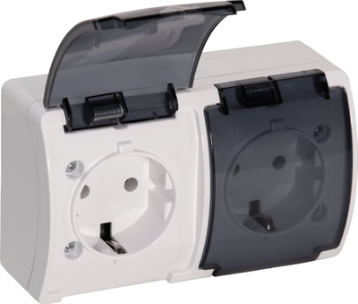 Prizë dyshe AQUATIC Schuko 2x2P+E, IP44, 230V 16A, e bardhë me kapak të tymosur