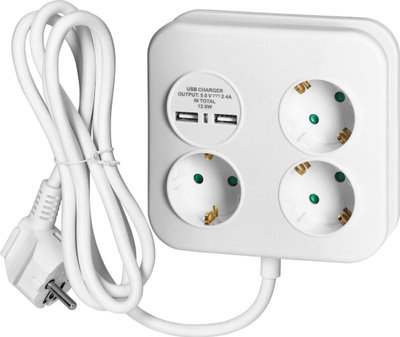 Prizë zgjatuese katrore me USB 3x2P, 2x USB A, kabllo 1.4m, gri