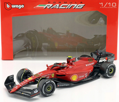 Maket makine Bburago Ferrari F1-75 Sainz 1:18, model die-cast, me helmetë, i kuq