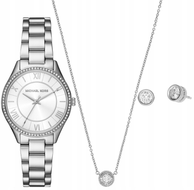 Set aksesorësh Michael Kors Lauryn, orë 33mm çelik inoks, varëse edhe vathë, ngjyrë argjendi