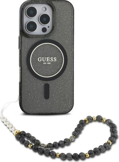 Kuti mbrojtëse Guess Glitter Pearl Strap MagSafe për iPhone 16 Pro Max 6.9", me rrip rruazash, e zezë