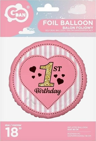 Balonë folie GoDan 1st Birthday, 45 cm, rozë
