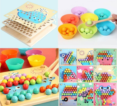 Lodër mozaik druri ZaZa Toys ZA4438, rruaza shumëngjyrësh, me piskatore dhe shabllone