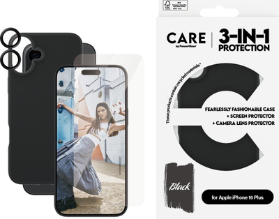 Set mbrojtës CARE by PanzerGlass për iPhone 16 Plus, 3 në 1, xham, mbulesë lente, kuti transparente