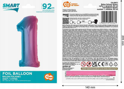 Balon numër folie Rainbow 1, 92 cm, shumëngjyrësh