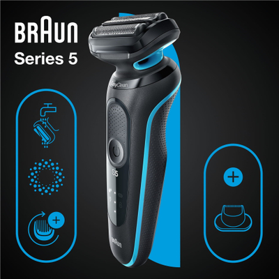 Brisk elektrik Braun Series 5 51-M1200S, 3 tehe që lëvizin, i papërshkueshëm nga uji, i zi