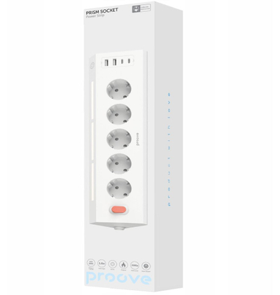 Listë zgjatëse Proove Prism Socket, 5x AC 2x USB 2x USB C, 1.6m, e bardhë