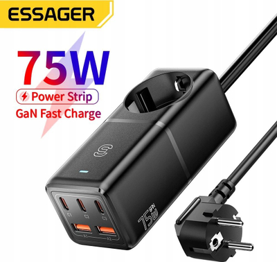 Çarçaf rryme Essager GaN 75W, 3x USB C, 2x USB A, i zi