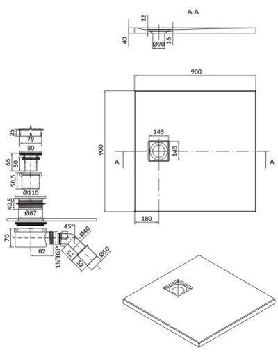 Pllakë dushi Cersanit Tako Slim, 90x90 cm, akrilike, e zezë mat