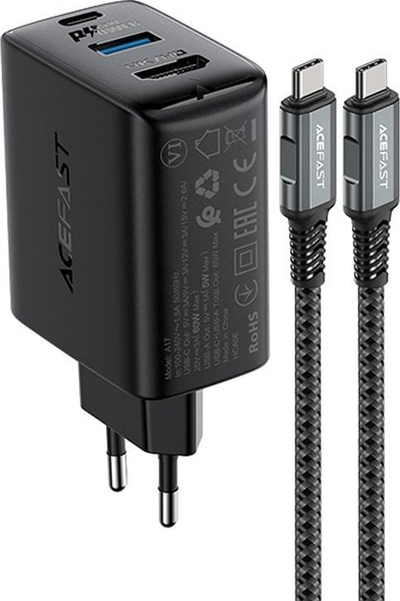 Полнач Acefast 2-в-1 GaN, 65W, USB A и USB C, сив