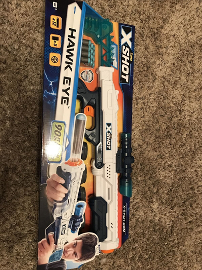 Pushkë lodër X-Shot Excel Hawk Eye, 12 darts, 5 kana, bardhë me blu