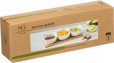 Set snackesh Secret de Gourmet, 3 tasa porcelani, tabaka bambuje, i bardhë