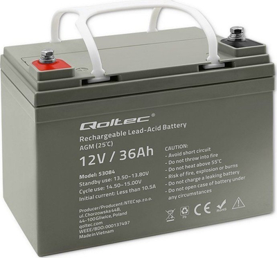 Bateri AGM Qoltec 12V 36Ah, 540A, gri