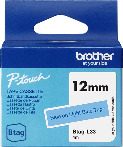 Shirit etiketimi Brother BTAGL33, 12mm, tekst blu në sfond blu të çelët
