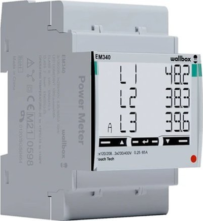 Трифазен мерач на енергија Wallbox EM340, до 65A, монтажа на DIN, сива боја