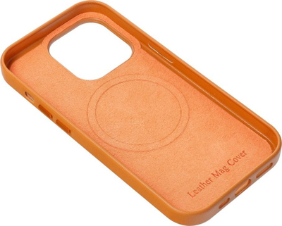Kllëf telefoni Leather Mag për iPhone 15 Plus, lëkurë silikone, MagSafe, portokalli