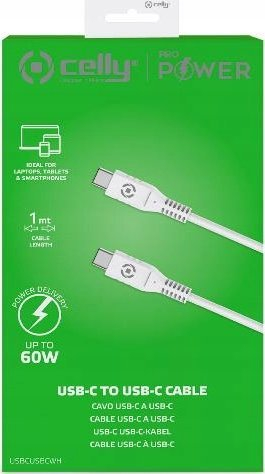Kabllo USB C Celly, USB C në USB C, 60W, 1m, e bardhë