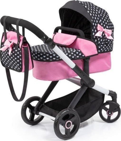 Karrucë lodrash për kukulla Bayer Design Pram Xeo, me dorezë që rregullohet, për kukulla deri 52 cm, e zezë me rozë