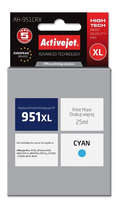 Ngjyrë për printer Activejet AH-951CRX (zëvendësim për HP 951XL CN046AEPackard 951XL CN046AE), 25 ml, e kaltër