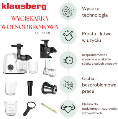 Shtrydhëse e ngadaltë Klausberg KB-7869, sistem spiral, motor i qetë, e bardhë