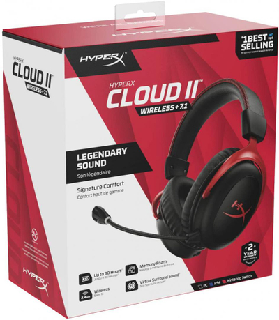 Headset gaming HyperX Cloud II Wireless, 7.1 surround, për PC PS5 PS4 Nintendo Switch, i zi me të kuqe