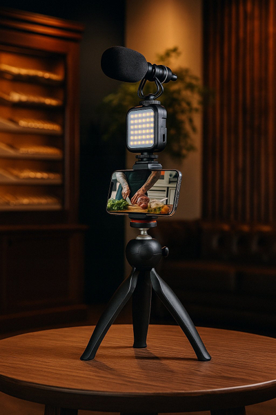 Set për live streaming Xqisit me tripod 360°, dritë LED edhe mikrofon HD